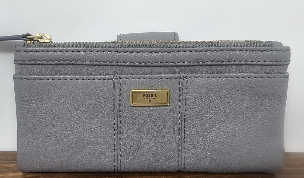 NWOT Fossil Ella Clutch Bifold Zip Snap Leather Wallet Gray 7.5"x4"